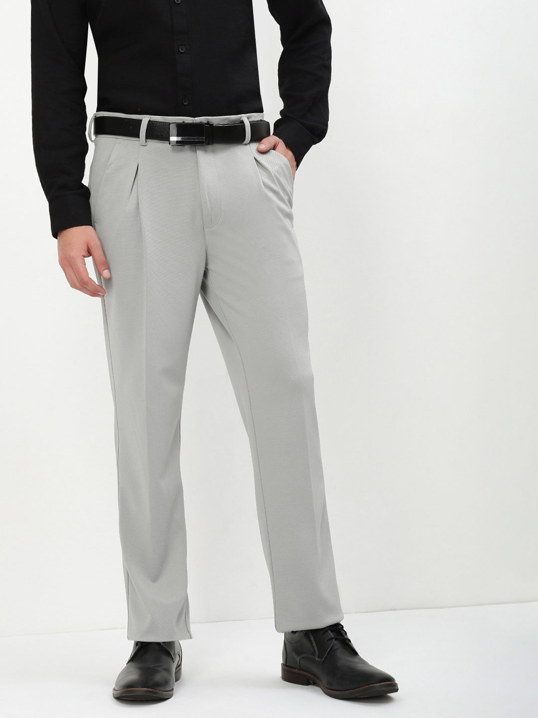 Men Grey Solid Formal Trousers