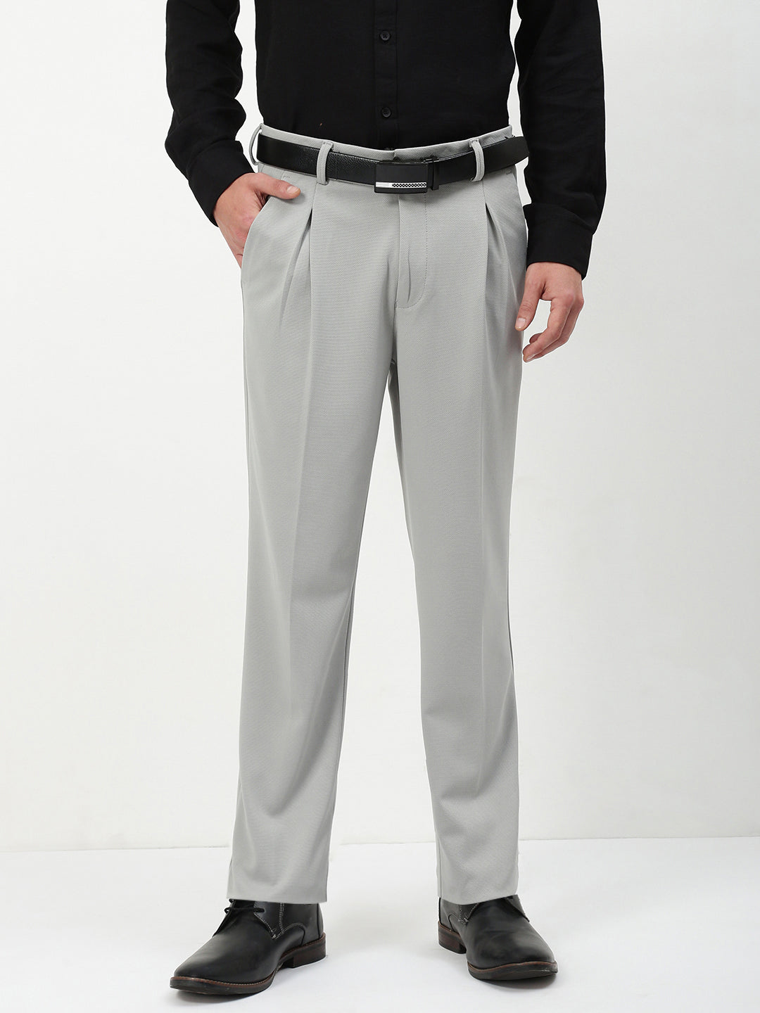 Men Grey Solid Formal Trousers