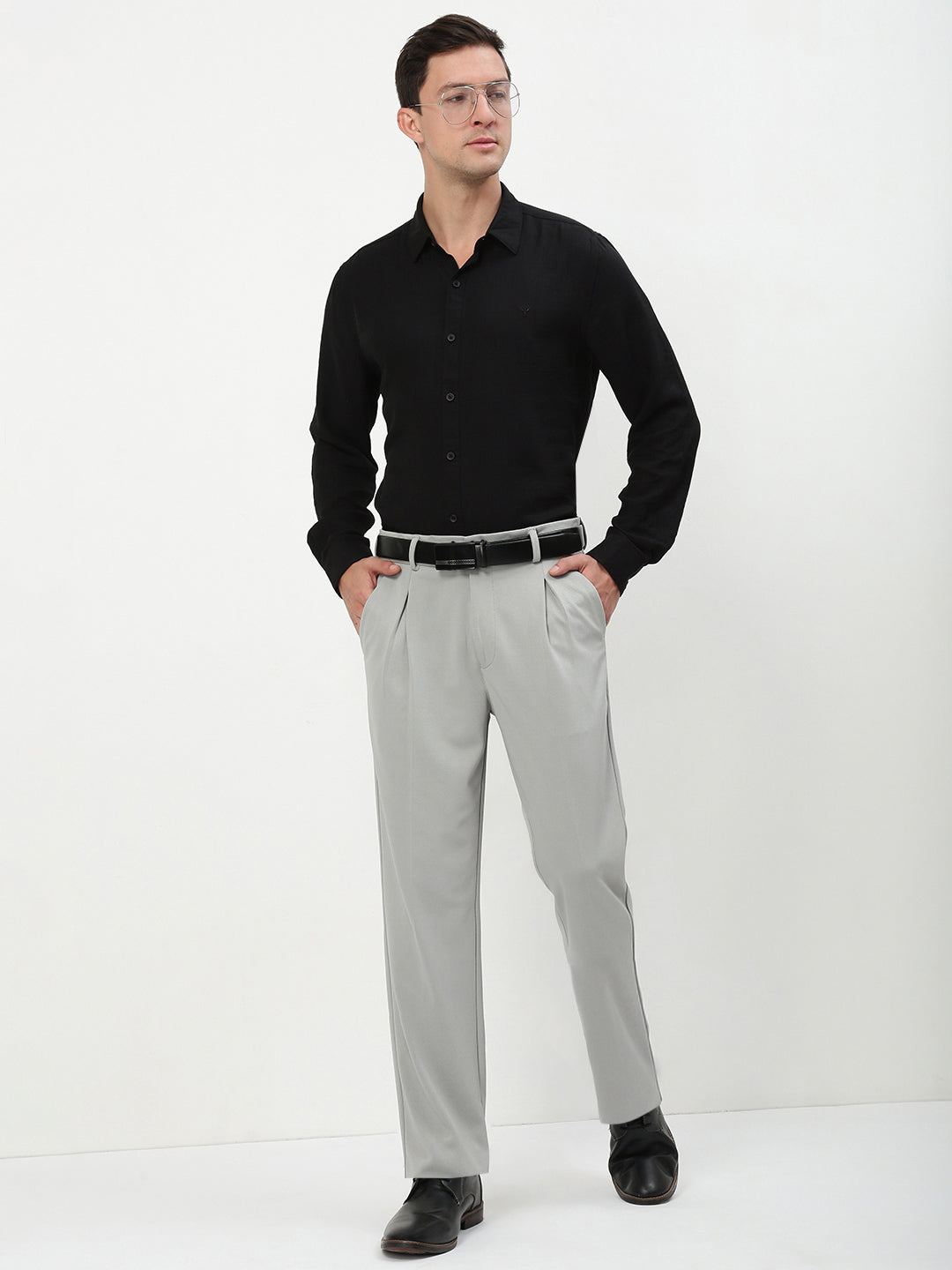 Men Grey Solid Formal Trousers