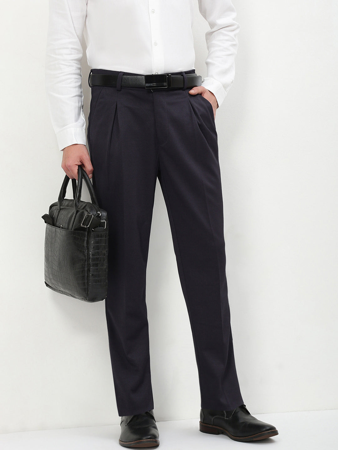 Men Navy Blue Solid Formal Trousers