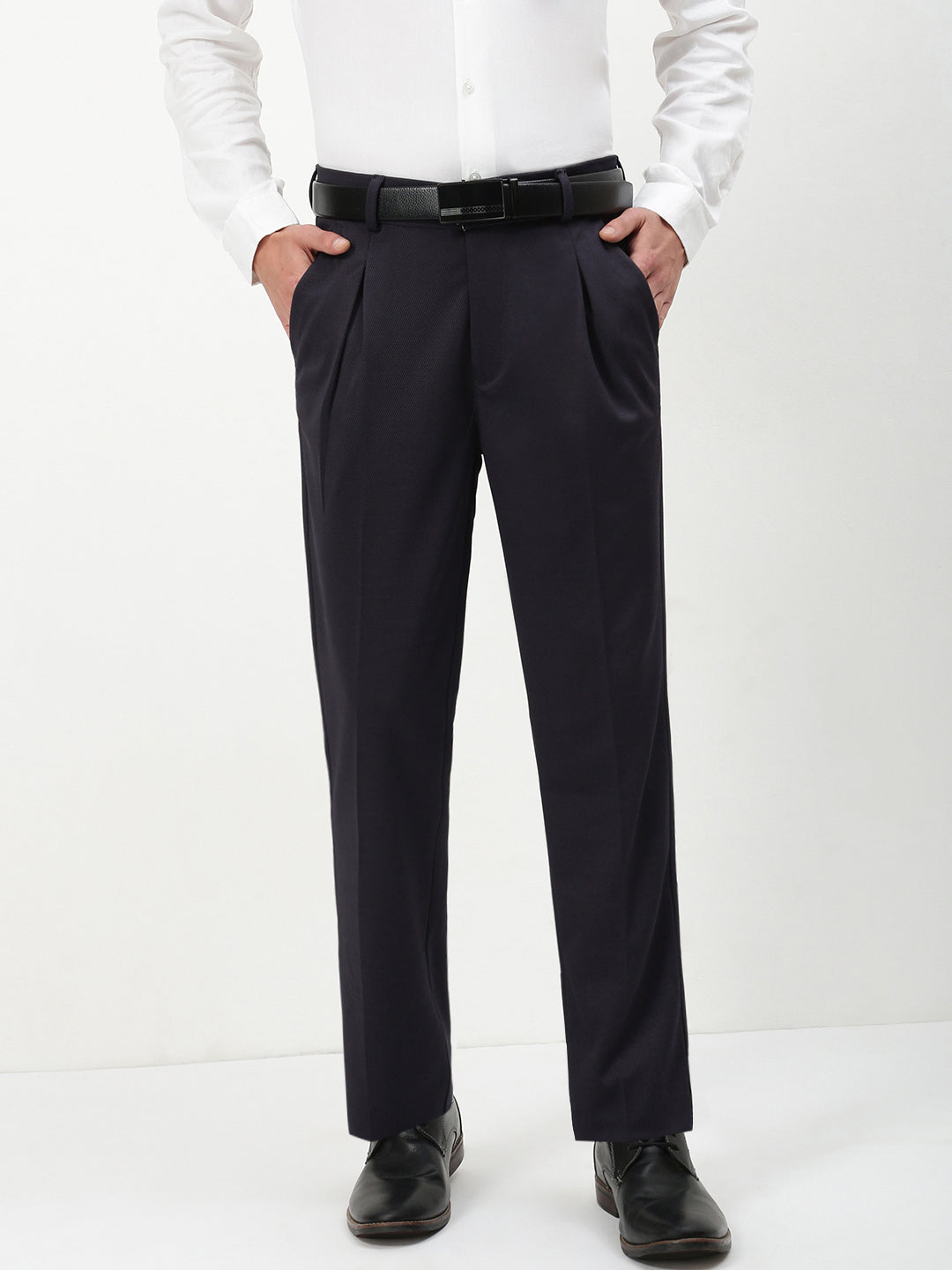 Men Navy Blue Solid Formal Trousers