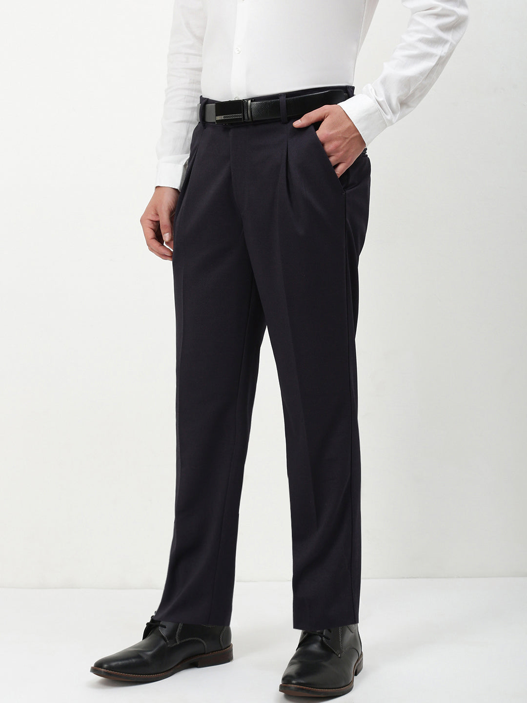 Men Navy Blue Solid Formal Trousers