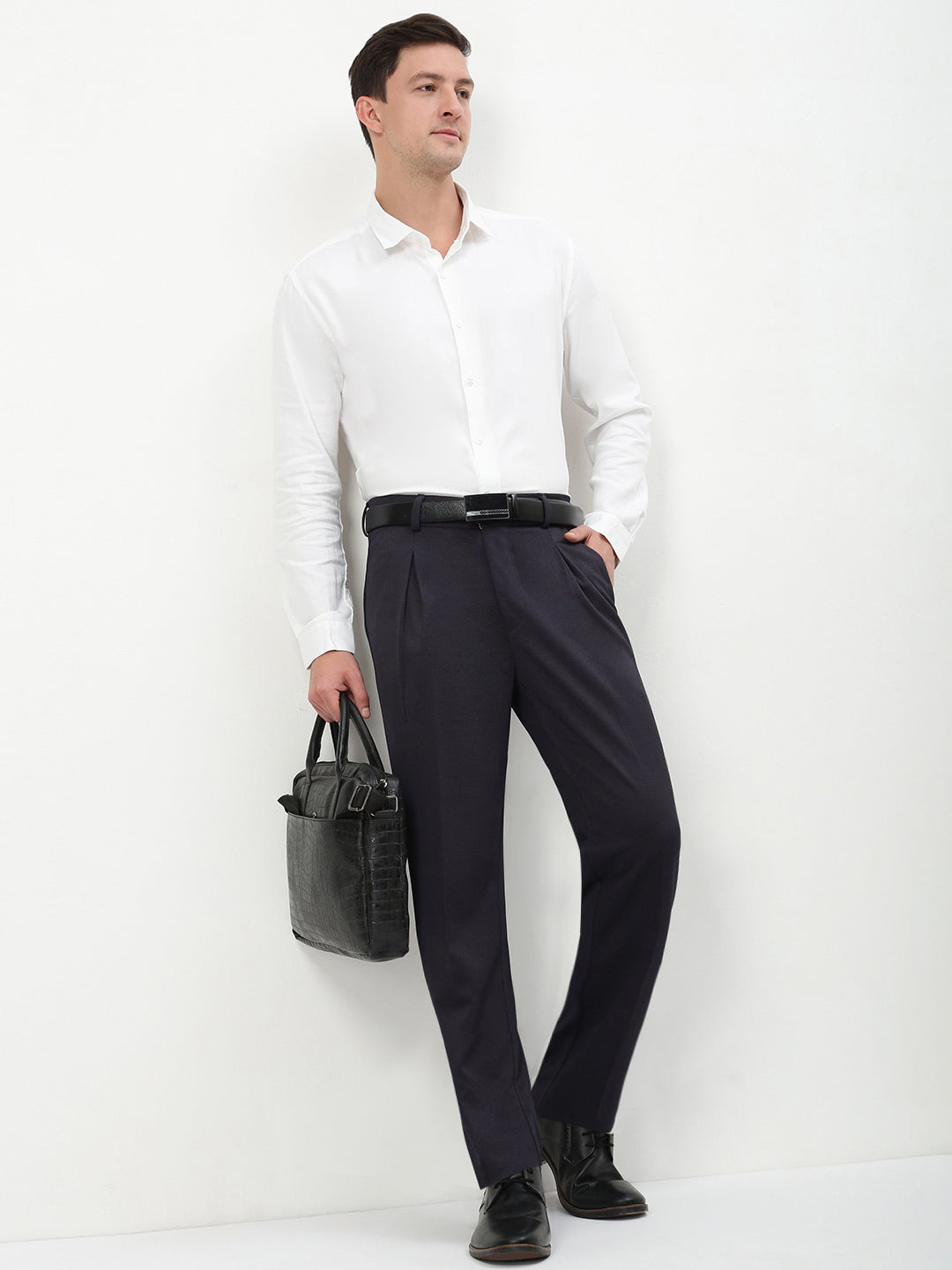 Men Navy Blue Solid Formal Trousers