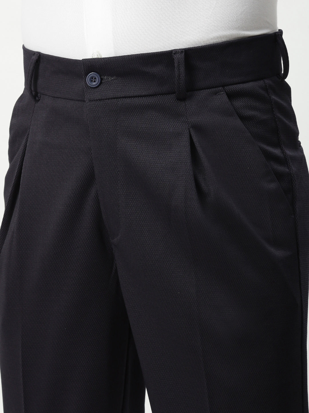 Men Navy Blue Solid Formal Trousers