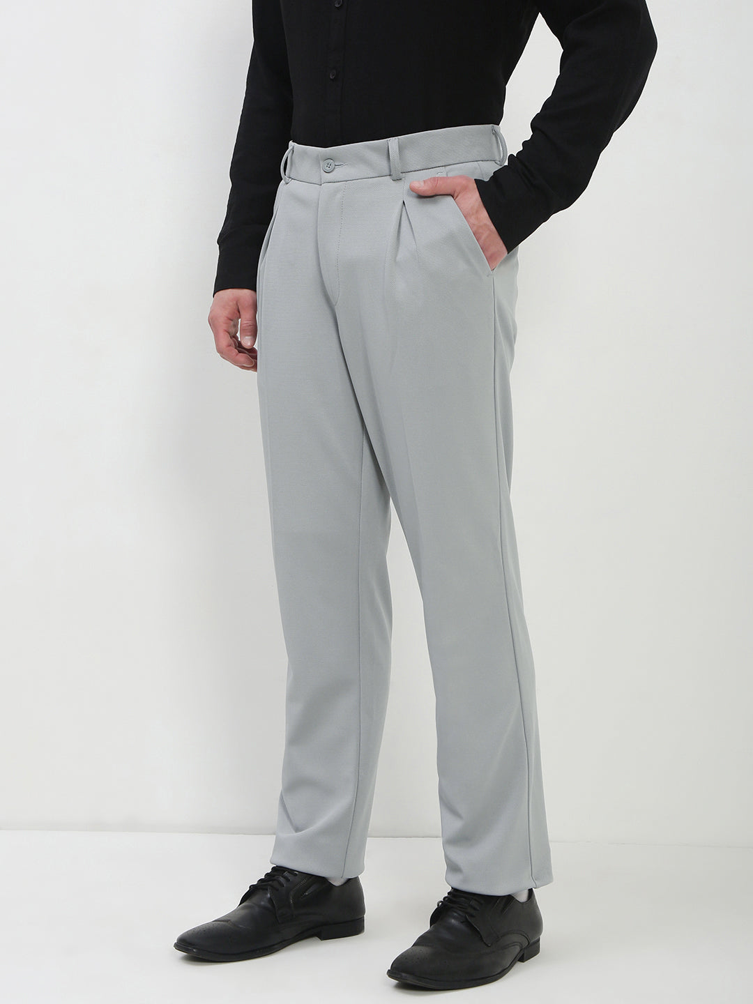 Men's Light Grey Solid Formal Trousers