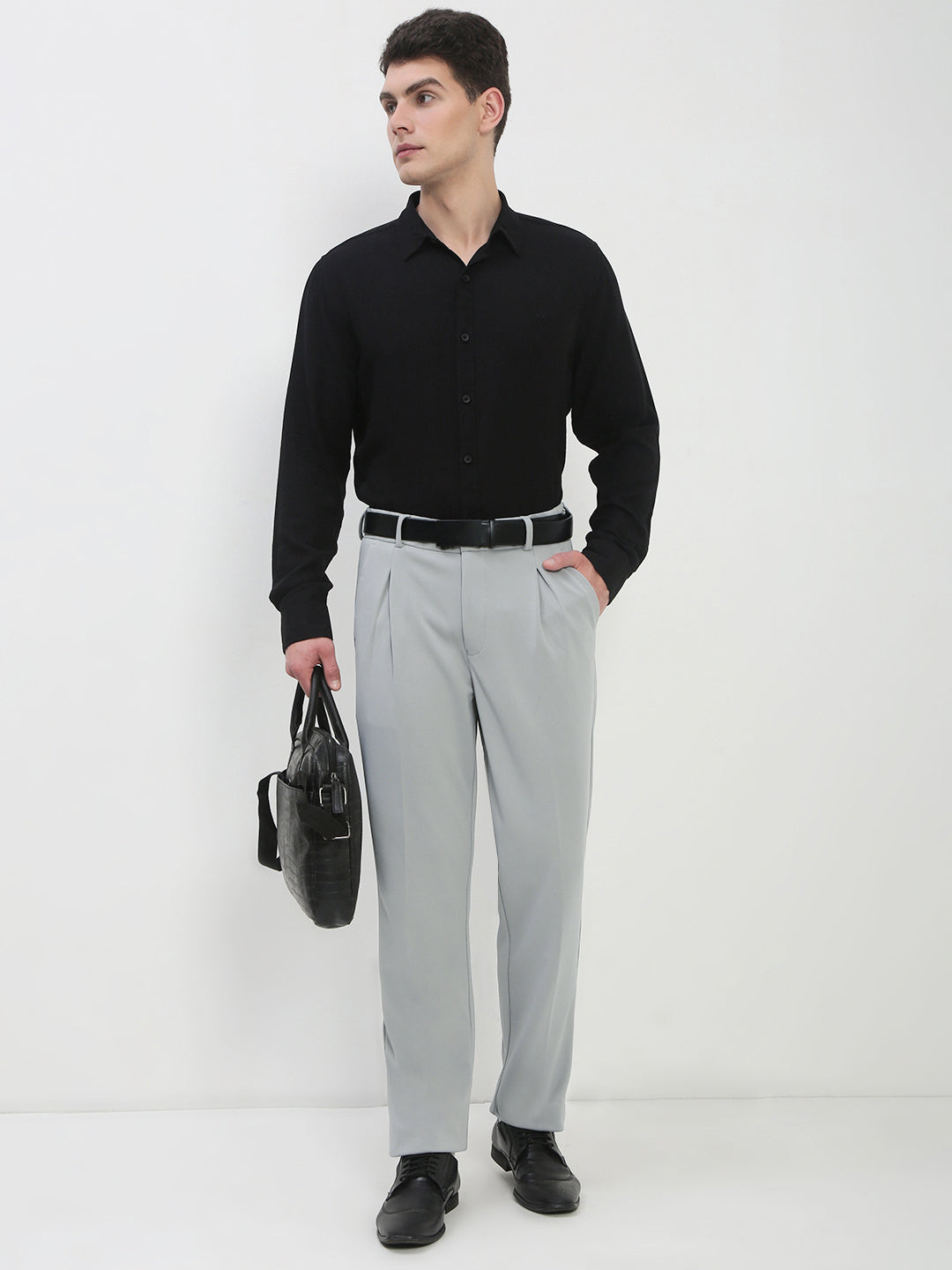 Men's Light Grey Solid Formal Trousers