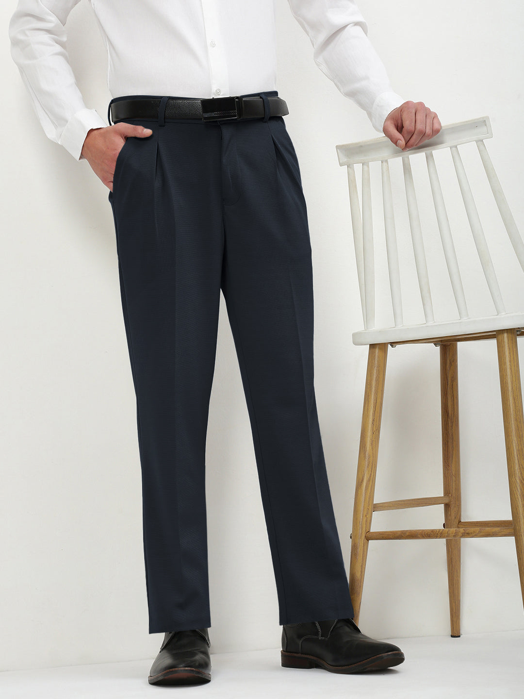 Men's Navy Blue Straight Fit Formal Trouser