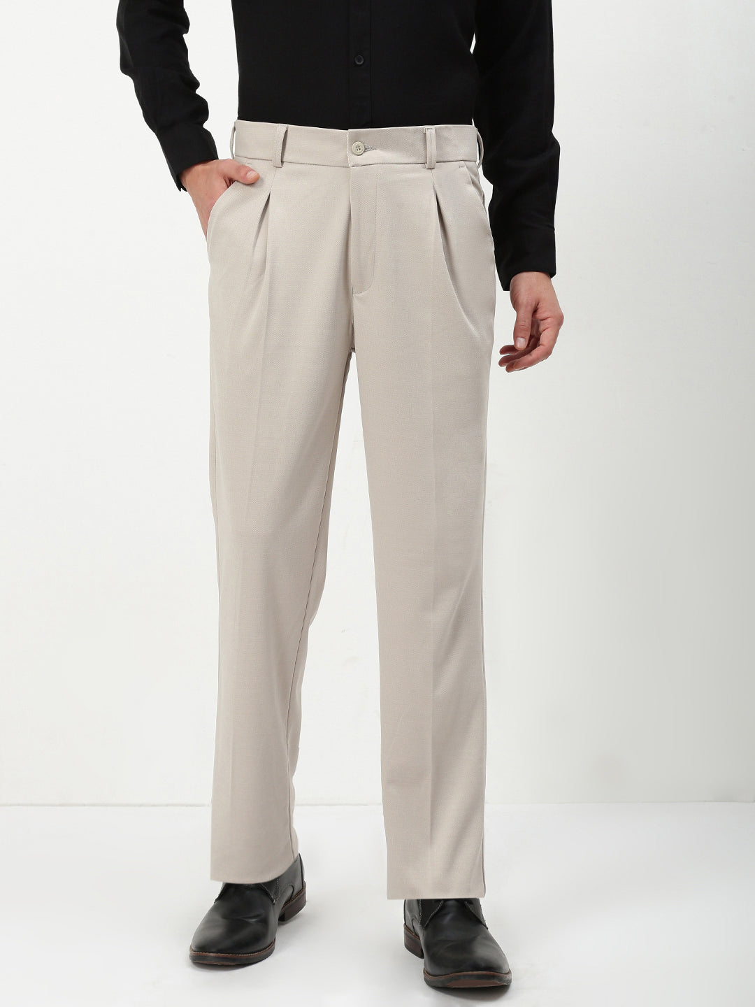 Men Beige Solid Formal Trousers