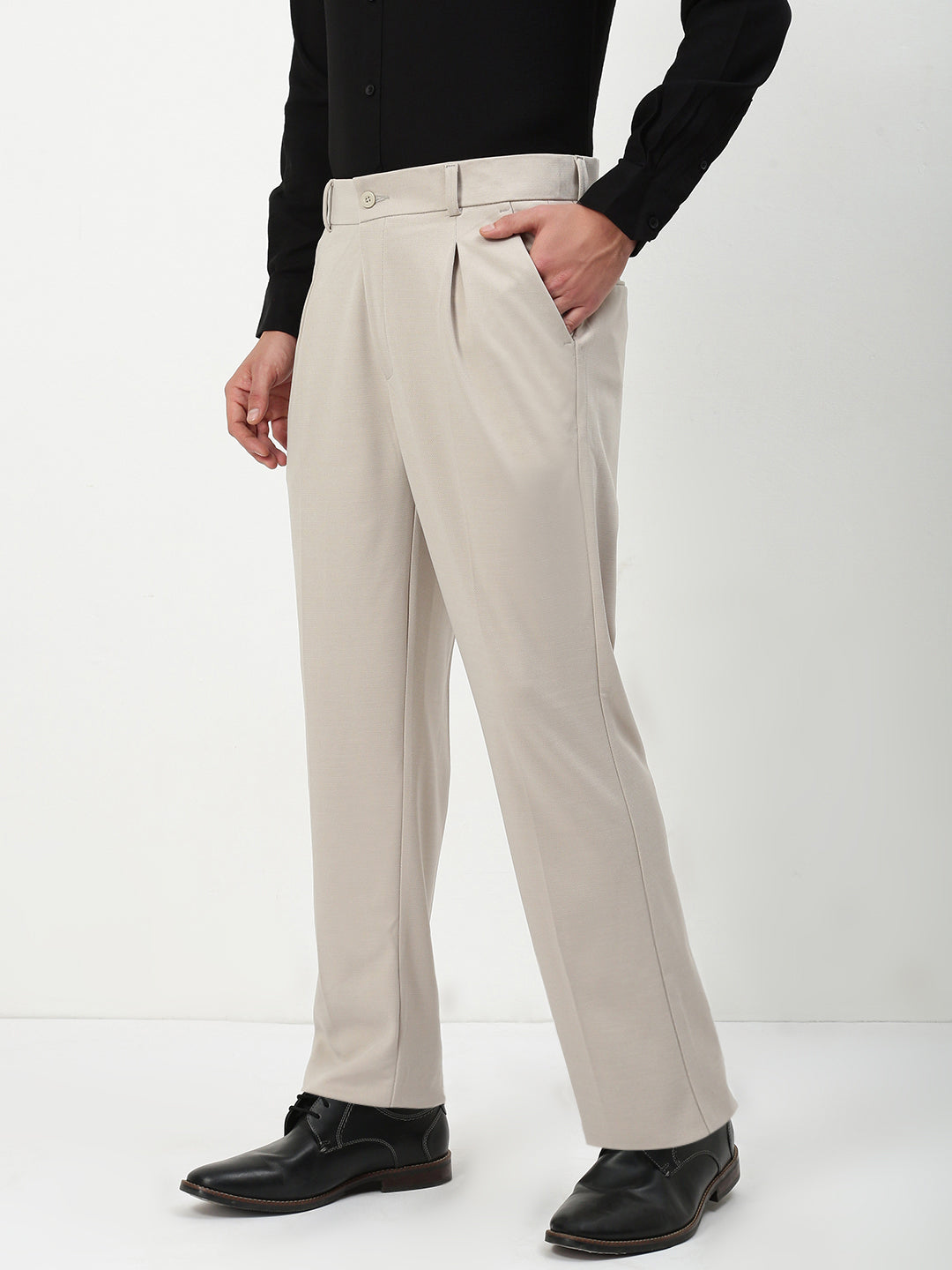 Men Beige Solid Formal Trousers