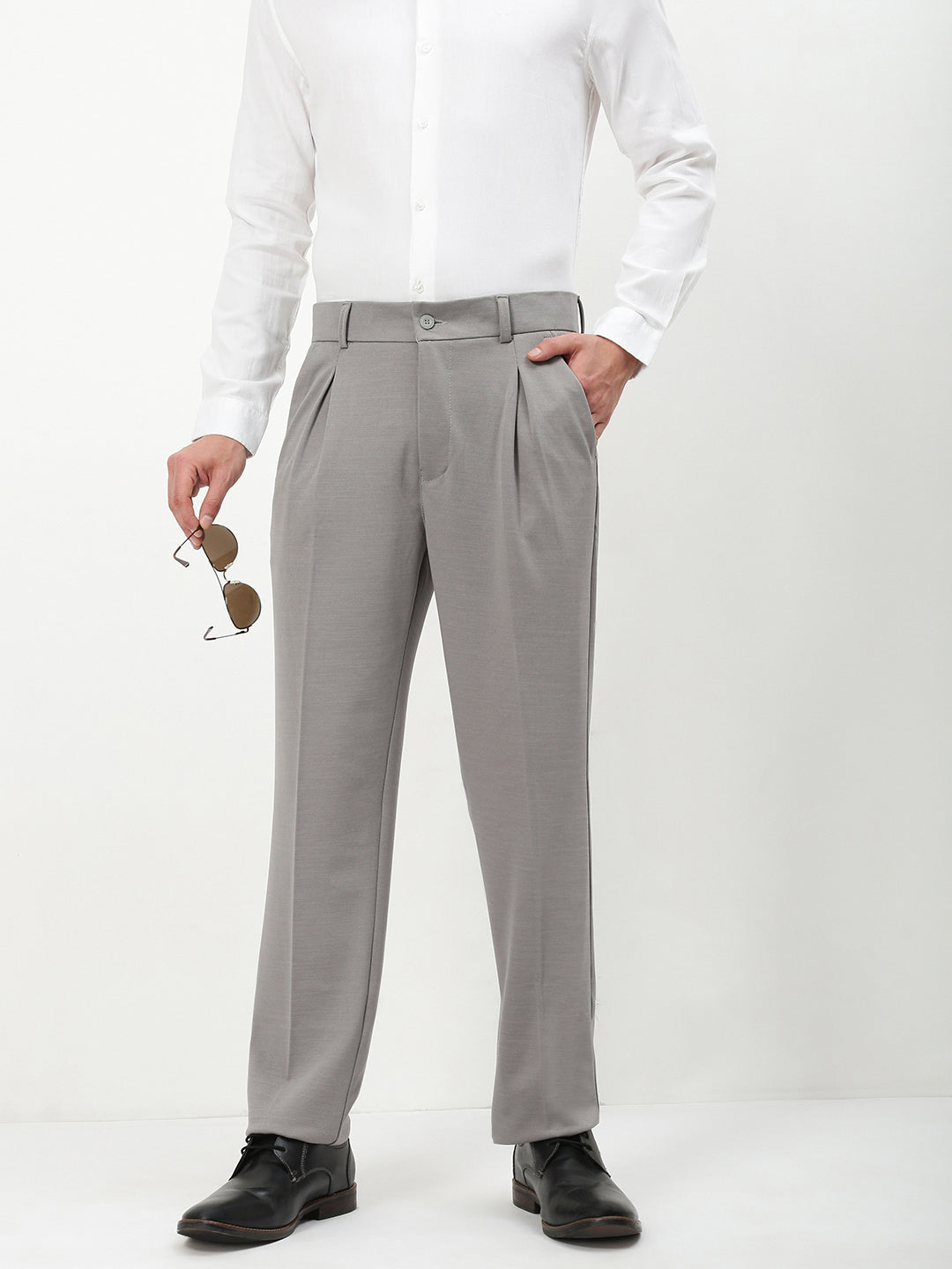 Men Grey Solid Formal Trousers