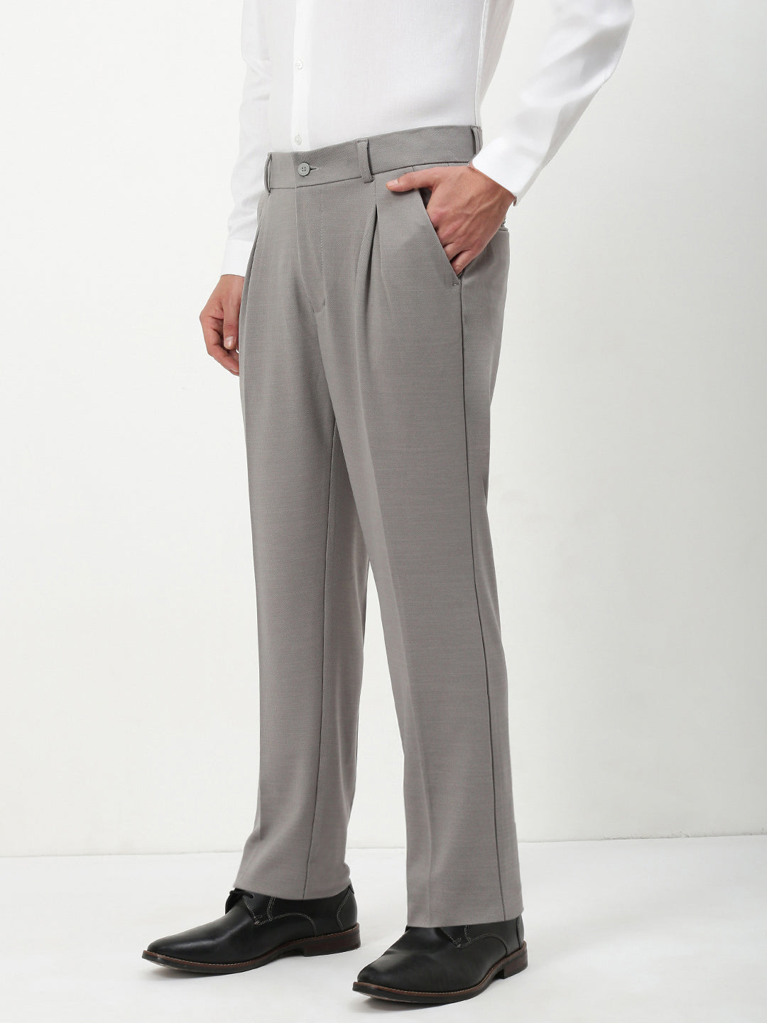 Men Grey Solid Formal Trousers