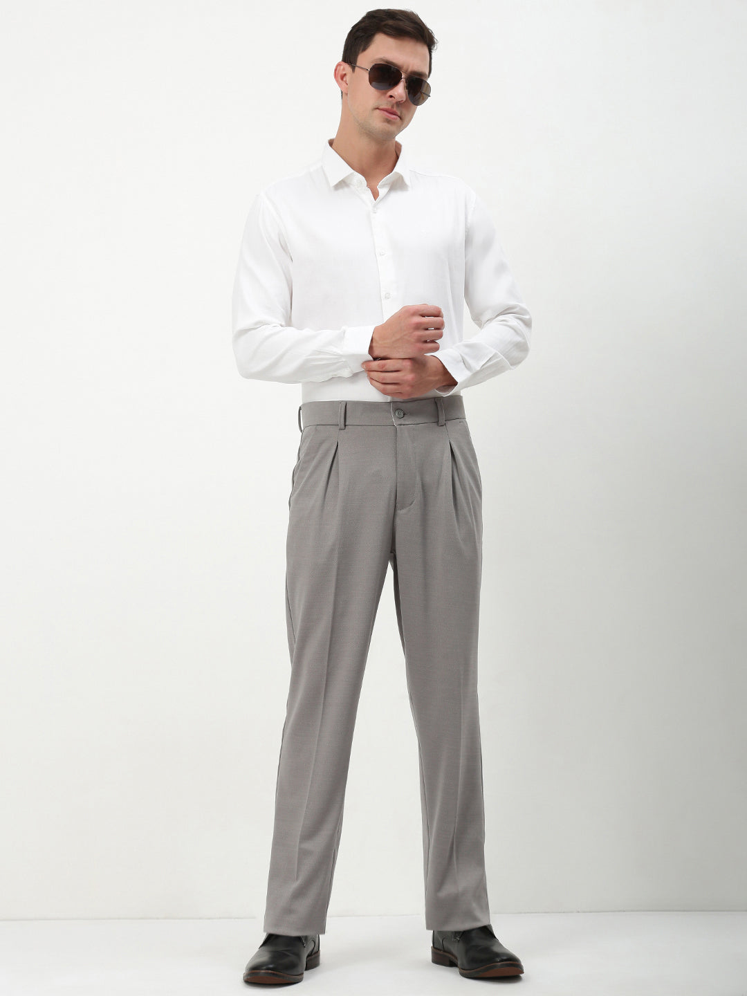 Men Grey Solid Formal Trousers