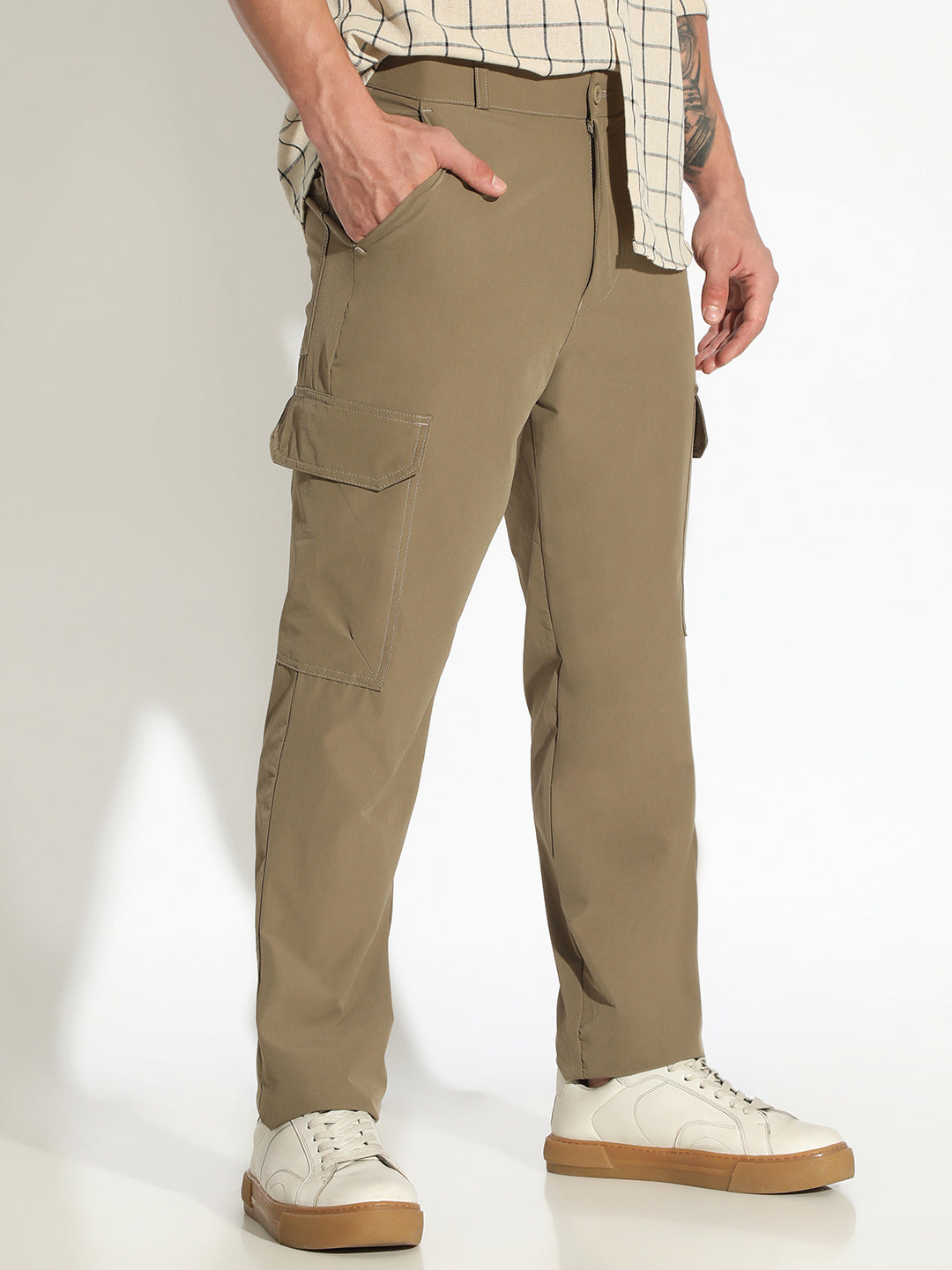Men's Olive Straight Fit Trousers with Cargo Pockets