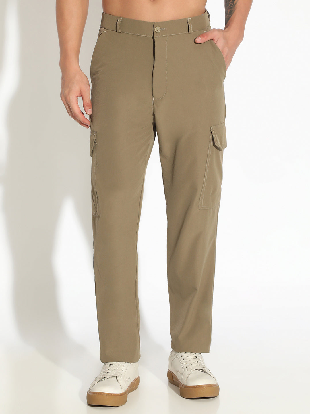 Men's Olive Straight Fit Trousers with Cargo Pockets