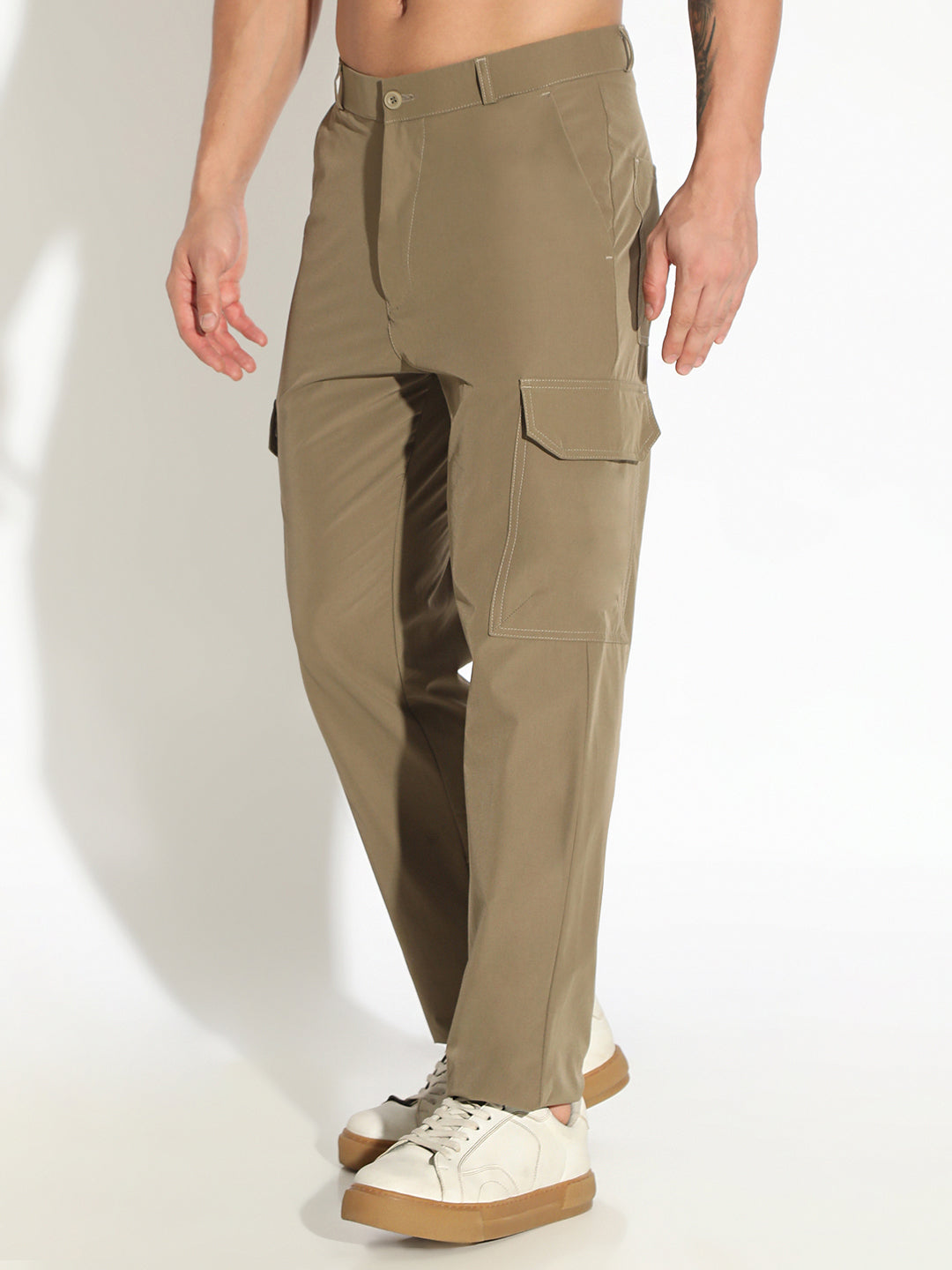 Men's Olive Straight Fit Trousers with Cargo Pockets