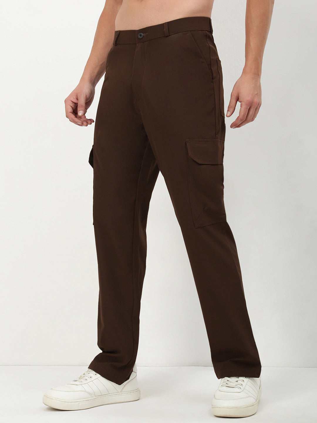 Men Brown Solid Straight Fit Cargos