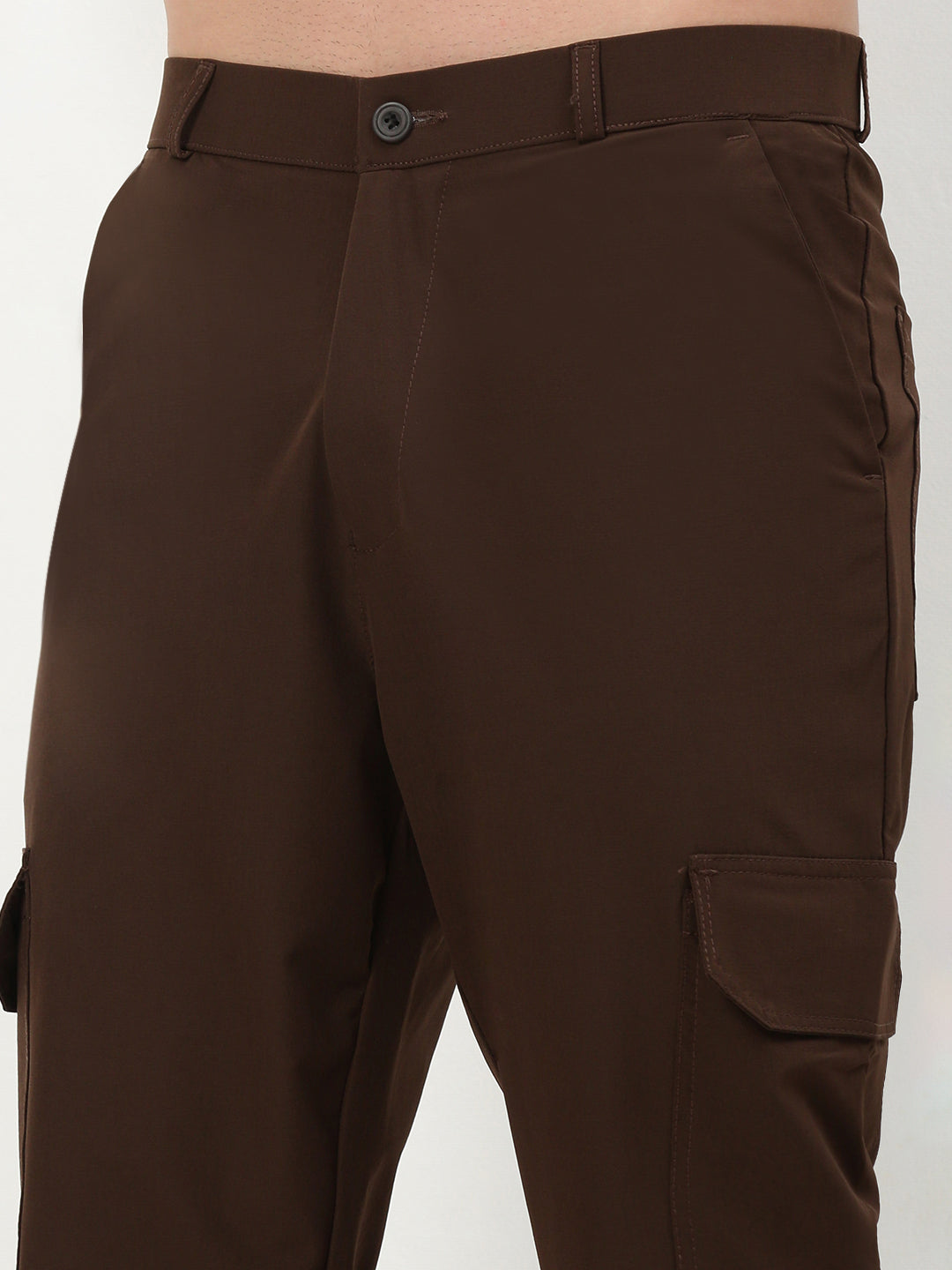 Men Brown Solid Straight Fit Cargos