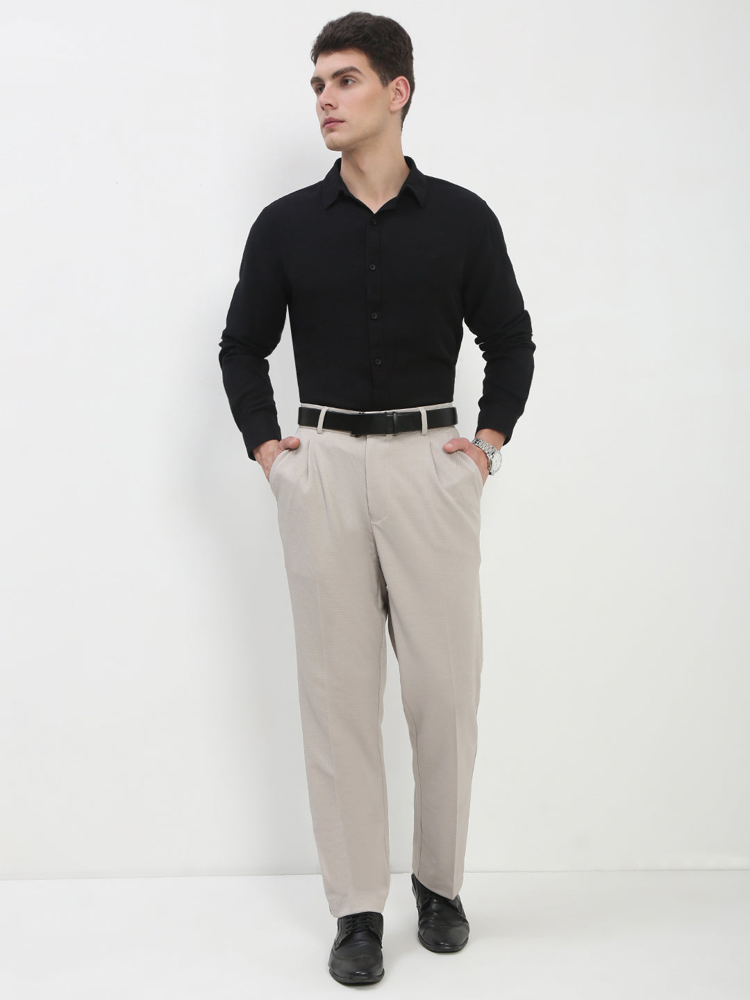Men's Cream Solid Formal Trousers