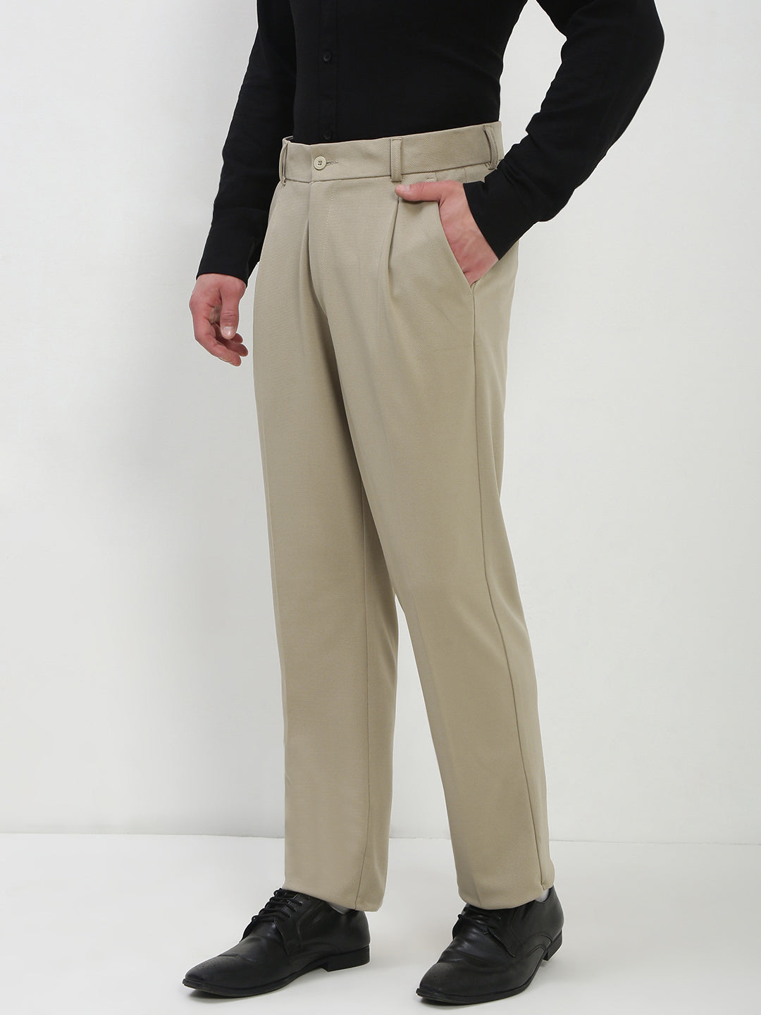 Men's Beige Solid Formal Trousers