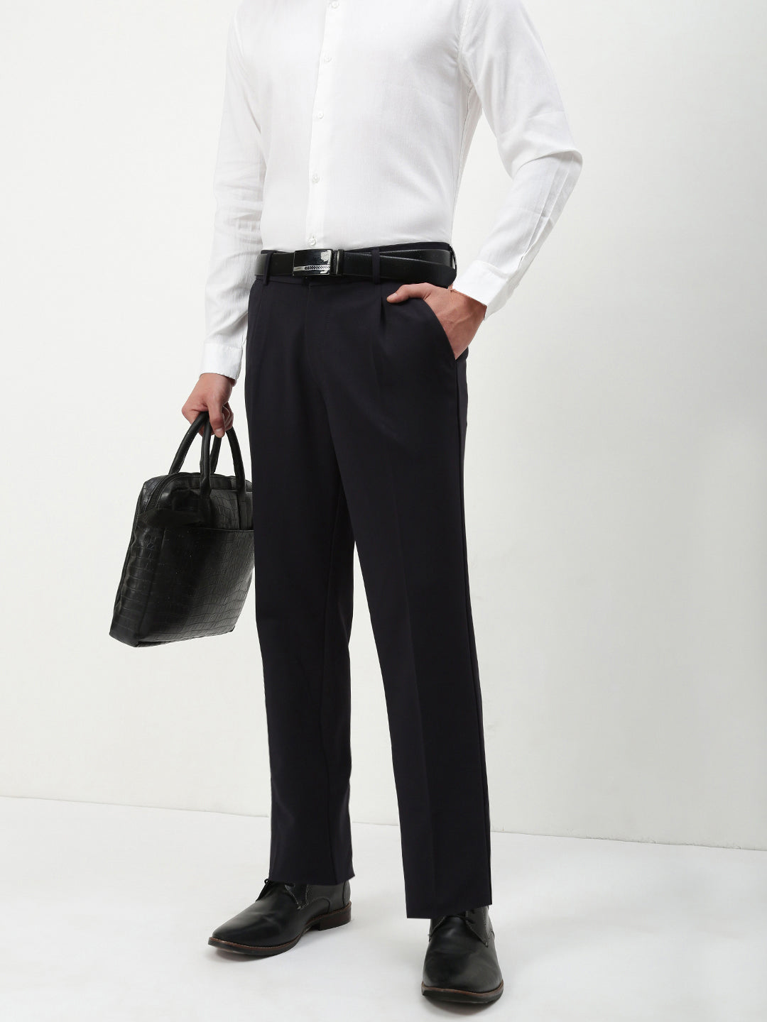 Men Navy Blue Solid Formal Trousers