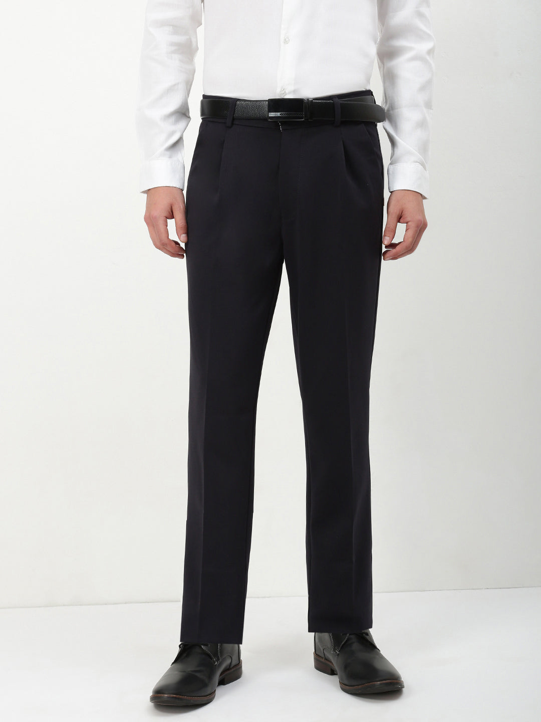 Men Navy Blue Solid Formal Trousers