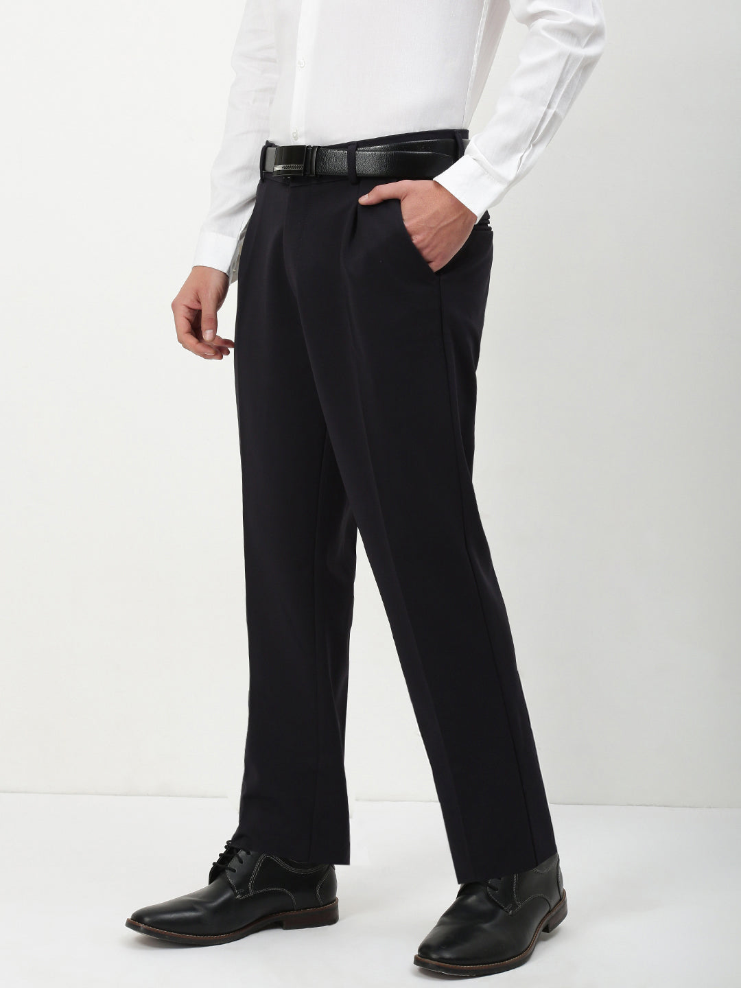 Men Navy Blue Solid Formal Trousers