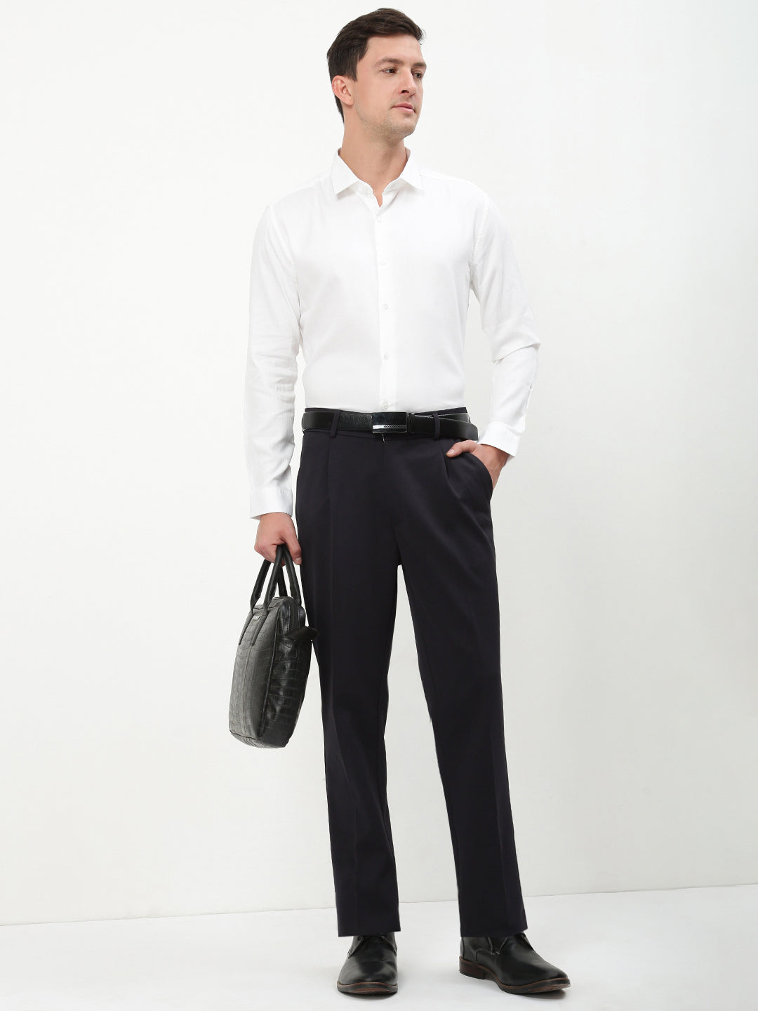 Men Navy Blue Solid Formal Trousers