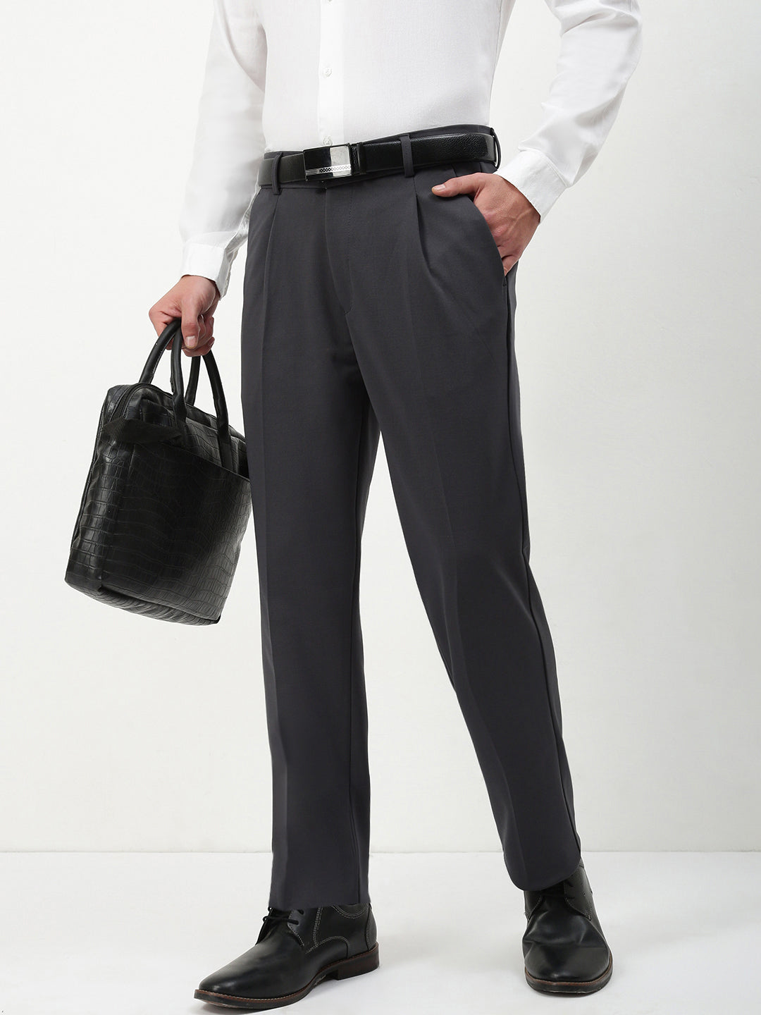 Men Charcoal Solid Formal Trousers