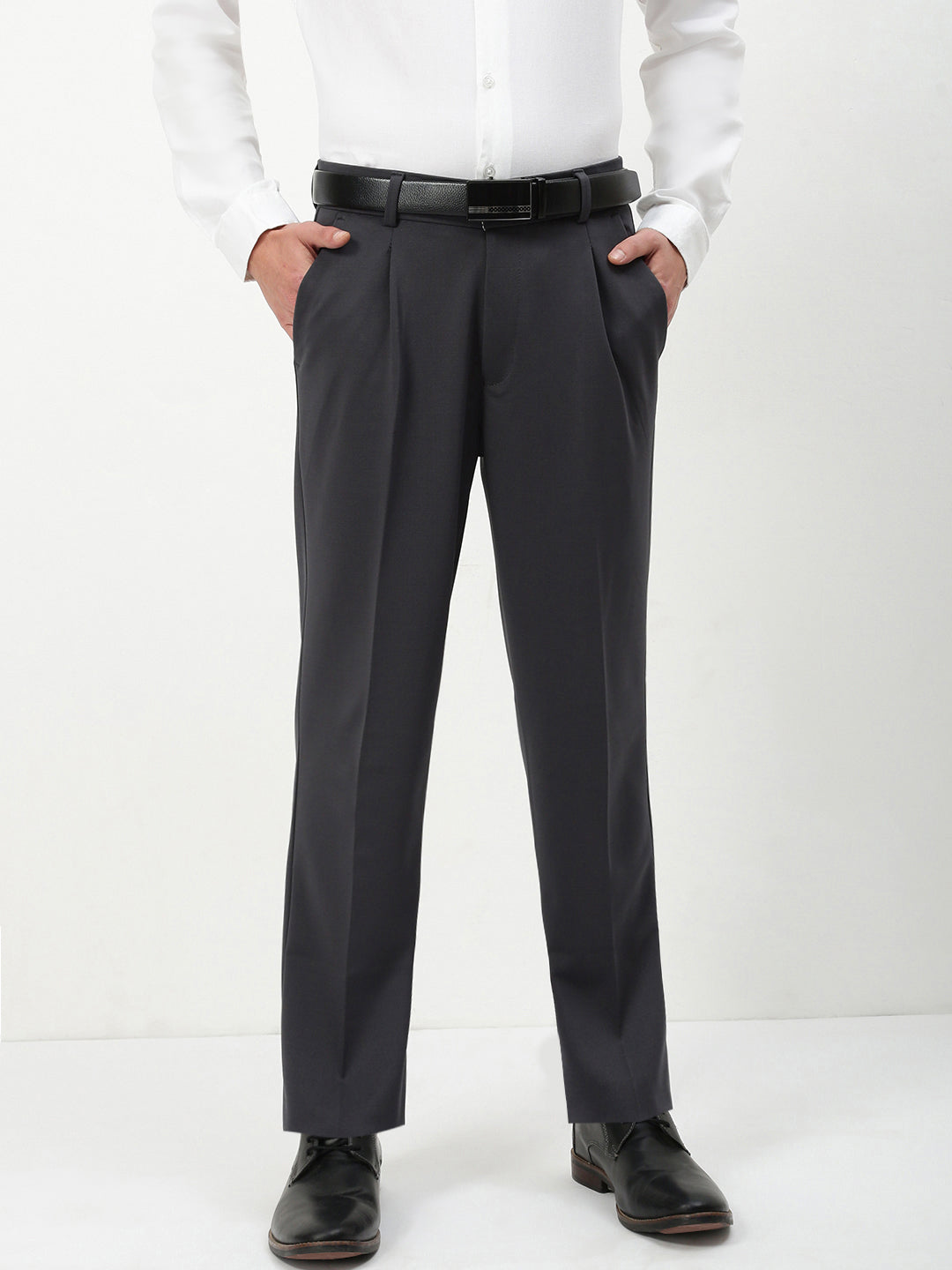 Men Charcoal Solid Formal Trousers