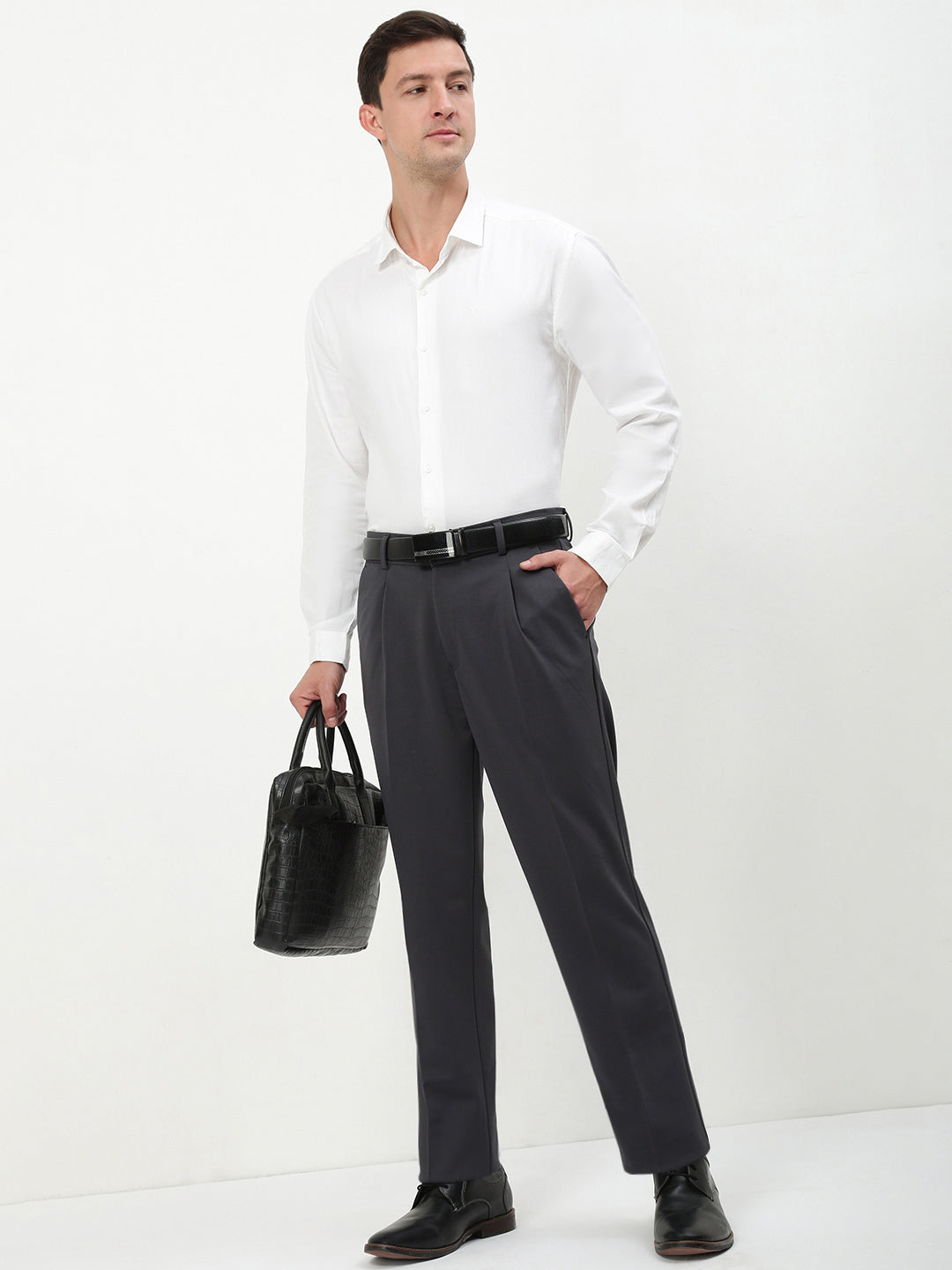 Men Charcoal Solid Formal Trousers