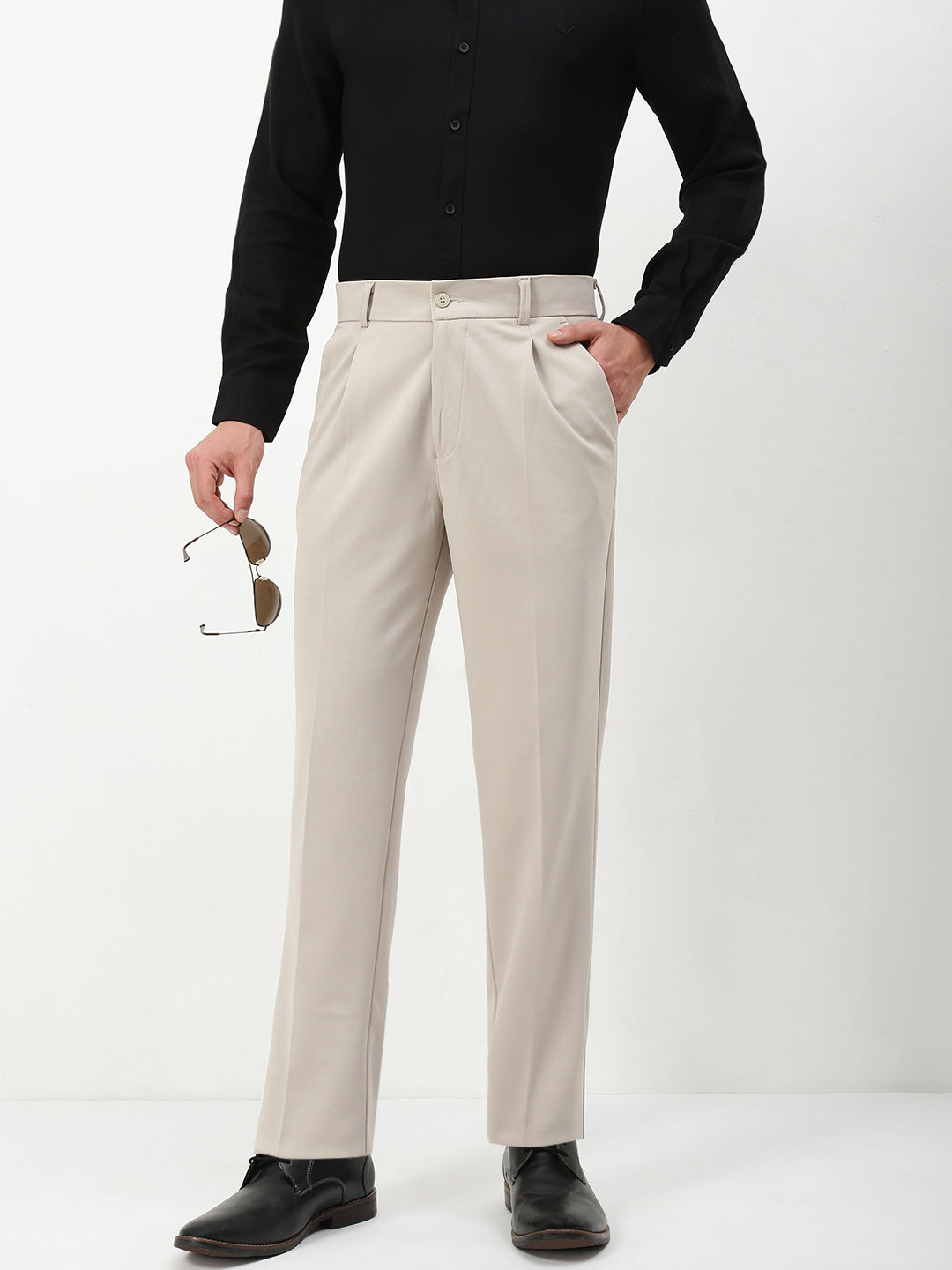 Men Beige Solid Formal Trousers