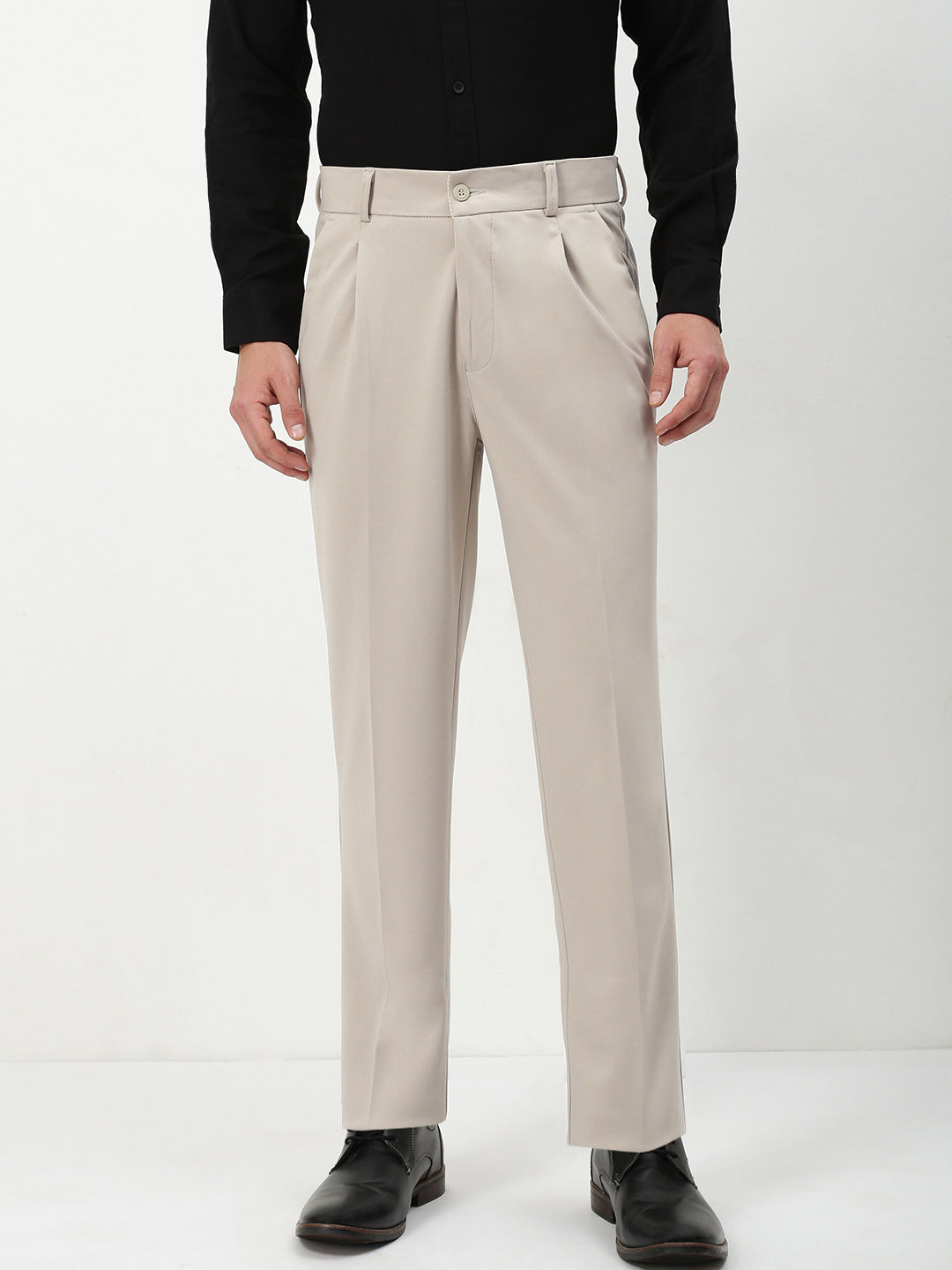 Men Beige Solid Formal Trousers