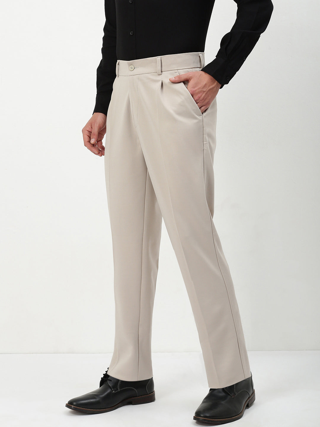 Men Beige Solid Formal Trousers