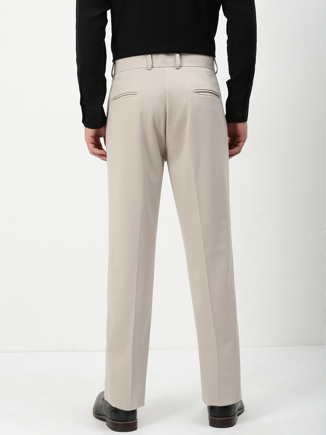 Men Beige Solid Formal Trousers