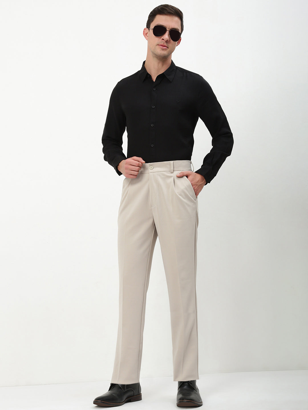 Men Beige Solid Formal Trousers