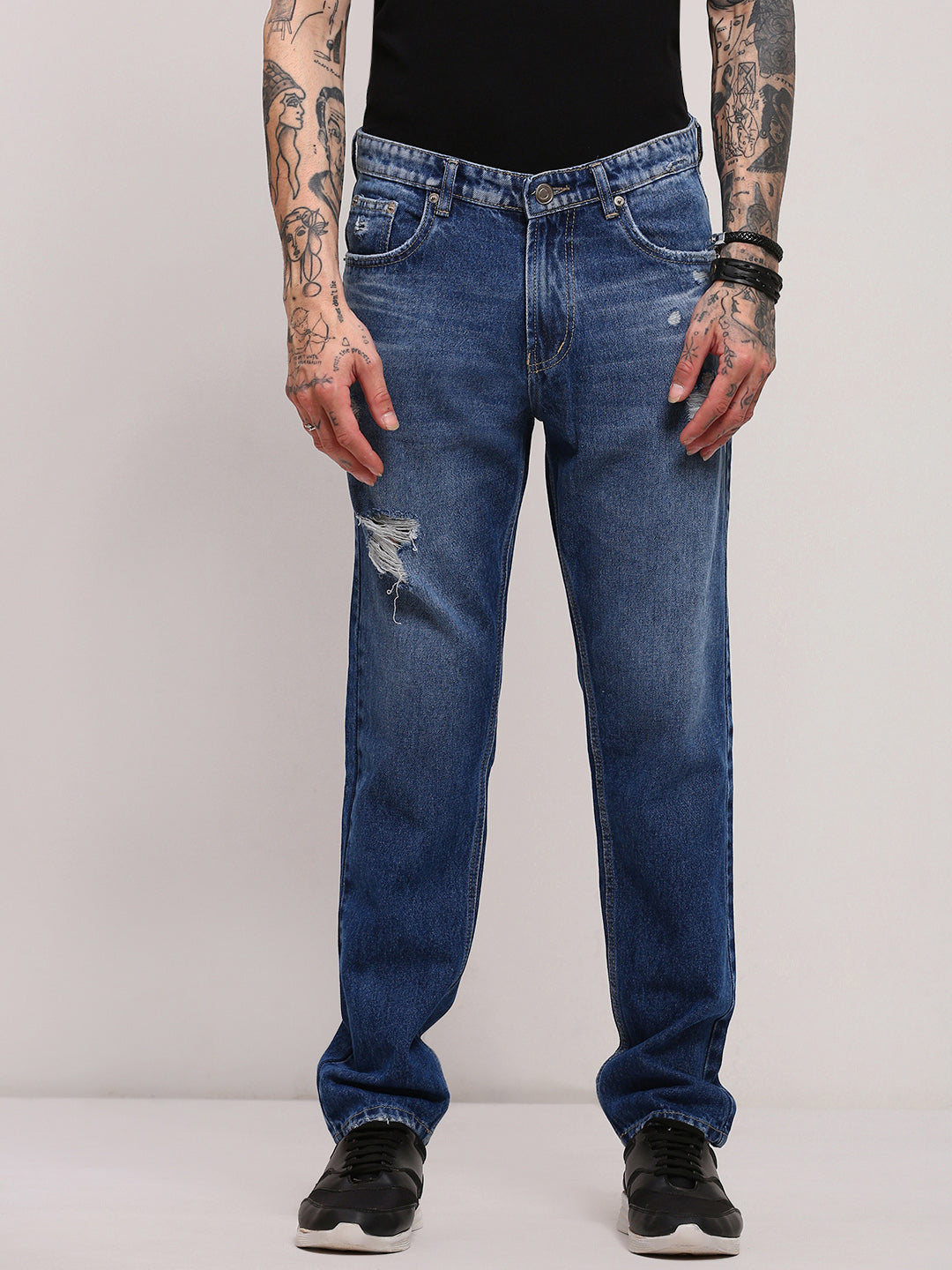 Shop Men's Blue Distressed Dark Wash Straight Fit Jeans Showoffff
