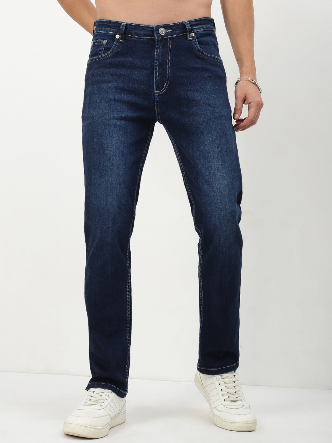 Men Navy Blue Solid Straight Fit Jeans