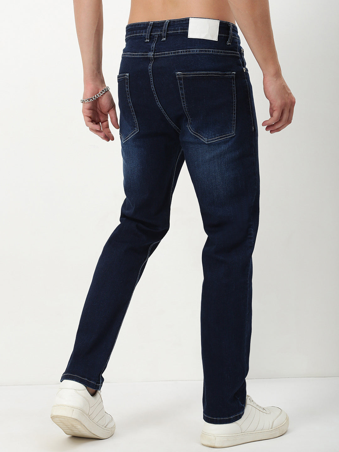 Men Navy Blue Solid Straight Fit Jeans