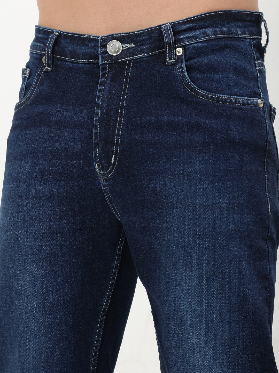 Men Navy Blue Solid Straight Fit Jeans