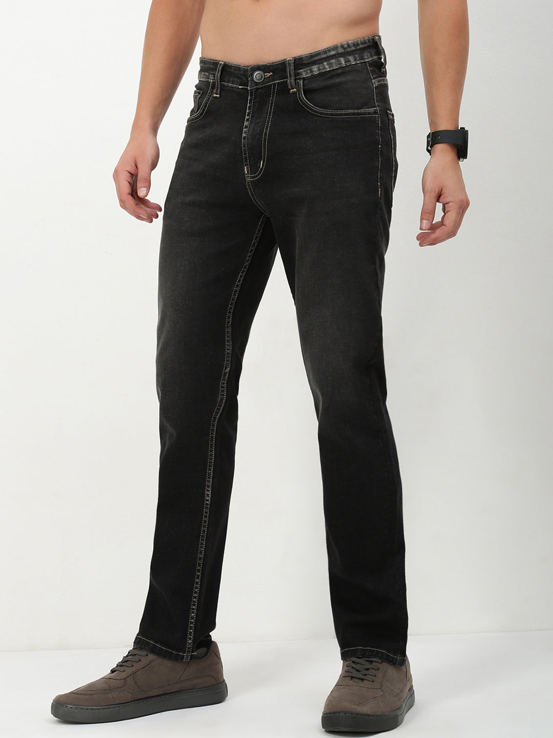 Men Grey Solid Straight Fit Jeans