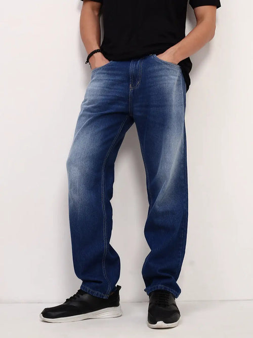 Men's Blue Solid Straight Fit Low-Rise Jeans