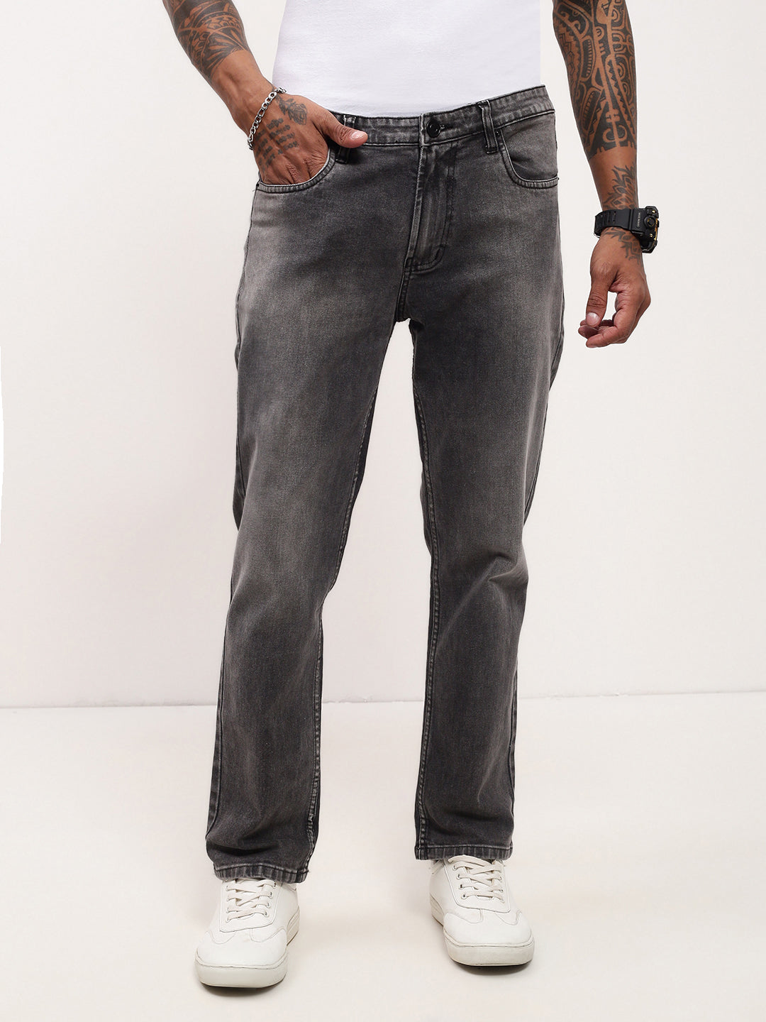 Men Grey Solid Straight Fit Jeans