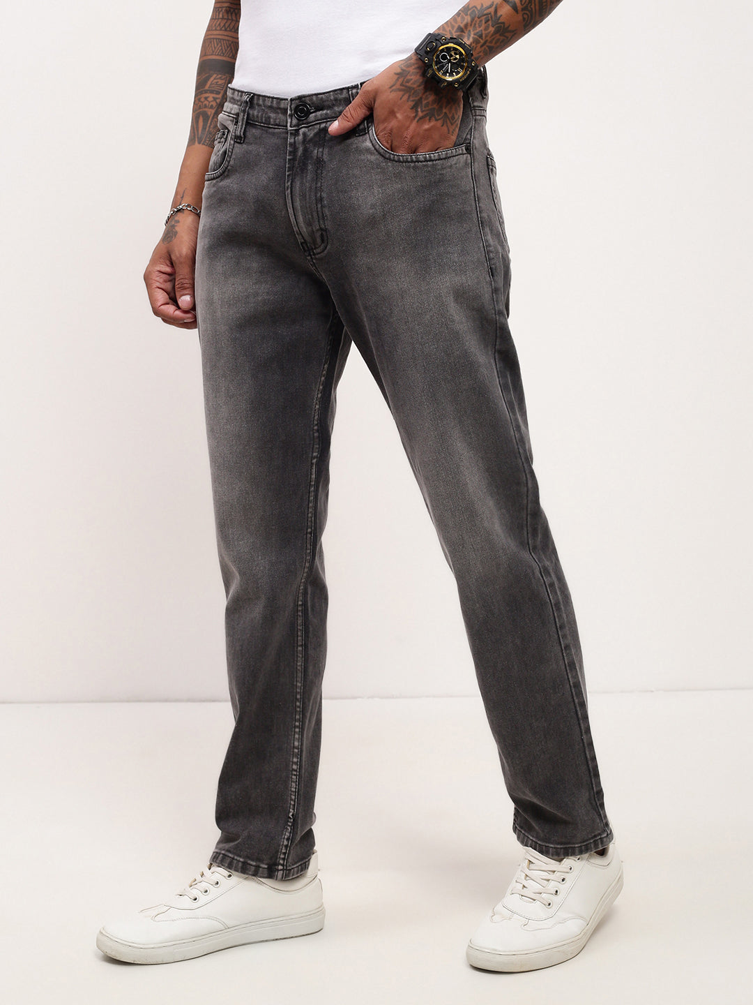 Men Grey Solid Straight Fit Jeans