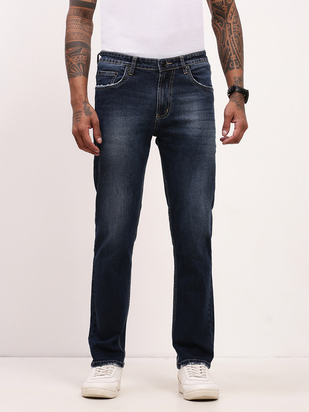 Men Blue Solid Straight Fit Jeans