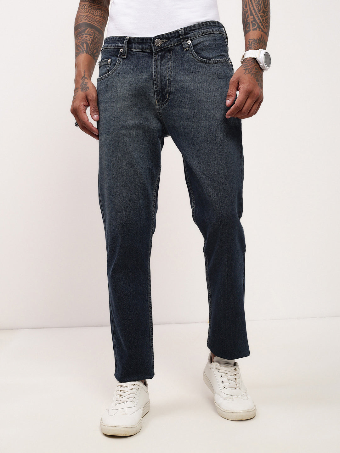 Men Navy Blue Solid Straight Fit Jeans