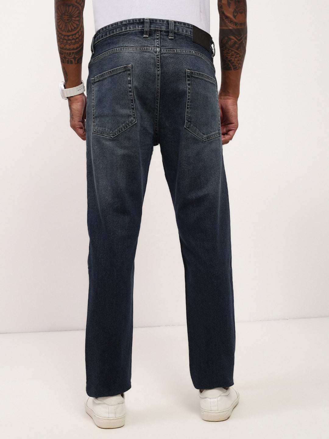 Men Navy Blue Solid Straight Fit Jeans