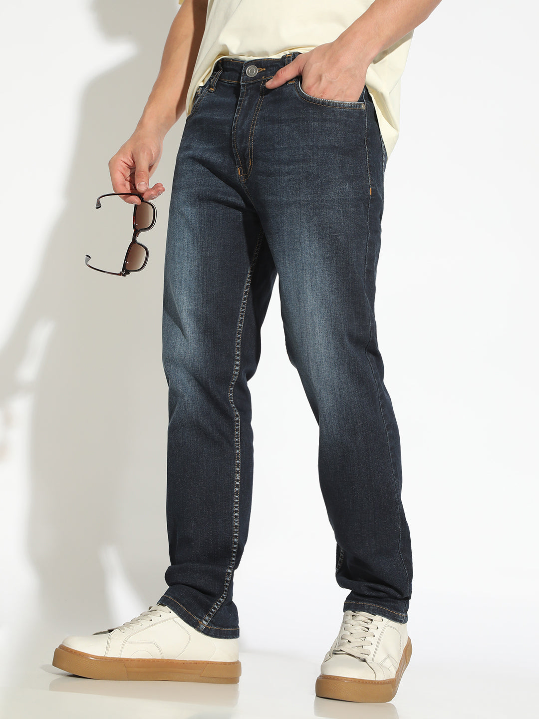Men's Navy Blue Low-Rise Indigo Wash Jeans