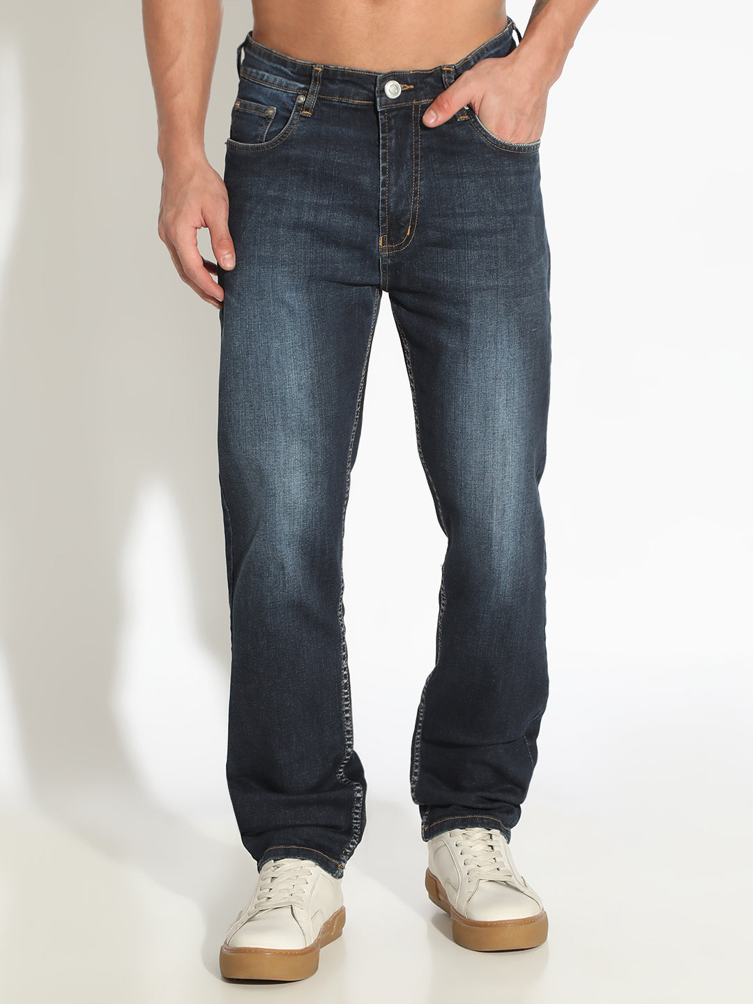 Men's Navy Blue Low-Rise Indigo Wash Jeans