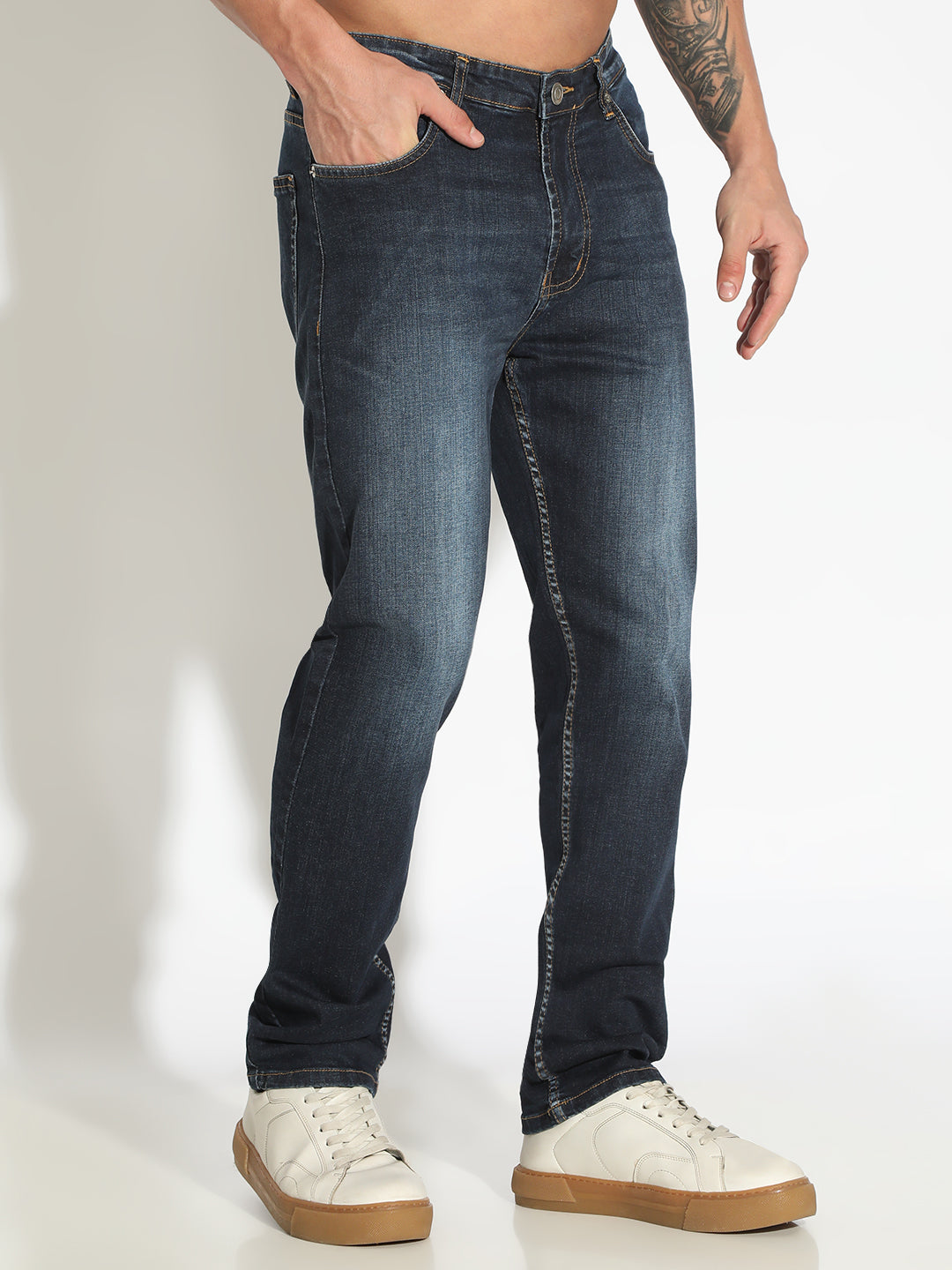 Men's Navy Blue Low-Rise Indigo Wash Jeans