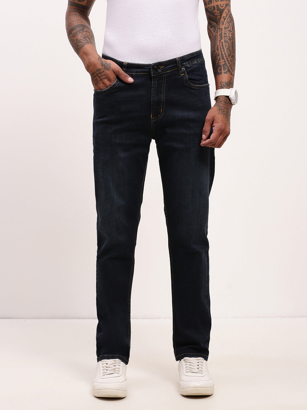 Men Navy Blue Solid Straight Fit Jeans